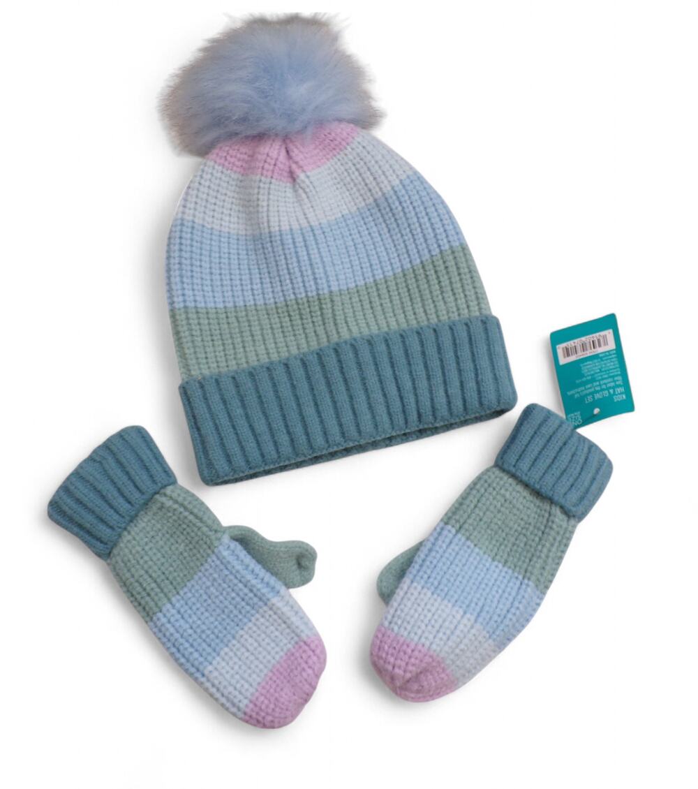 West Loop Girl's Ribbed Hat Mitten Set Pastel Stripes Teal Blue Green Lavender